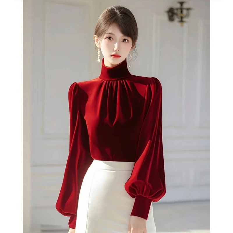 轻奢宫廷风高领丝绒衬衫女春季新款本命年红色名媛气质灯笼袖上衣