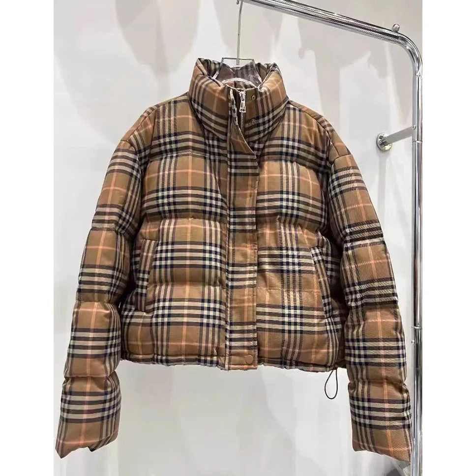 冬季复古卡其色格子短款棉衣外套女2025新款时尚简约百搭上衣棉服