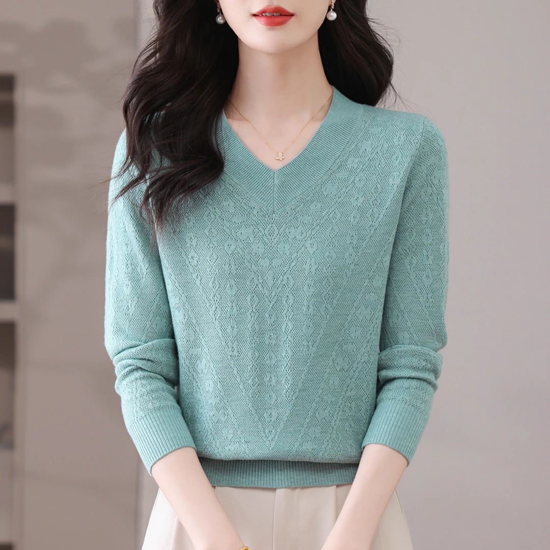 洋气V领重工提花针织衫春秋宽松百搭套头打底衫毛衣时尚显瘦上衣