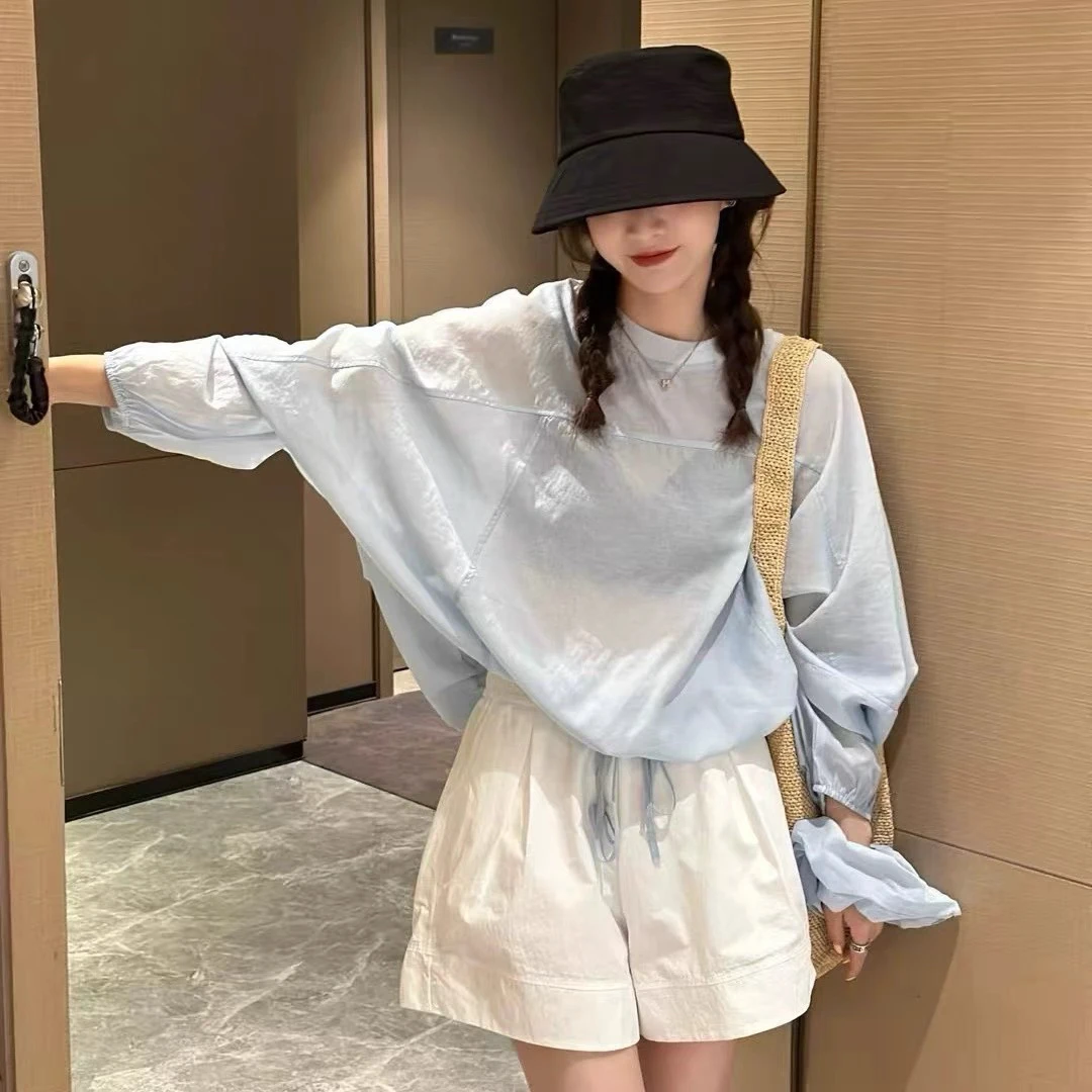 灰灰呀！2857配头花！韩系设计感百搭防晒衬衫+休闲短裤三件套装