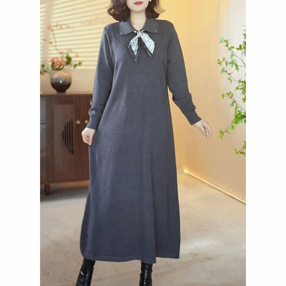 A220羊毛裙子秋冬丝巾翻领个性毛衣裙韩版宽松羊绒针织打底连衣裙