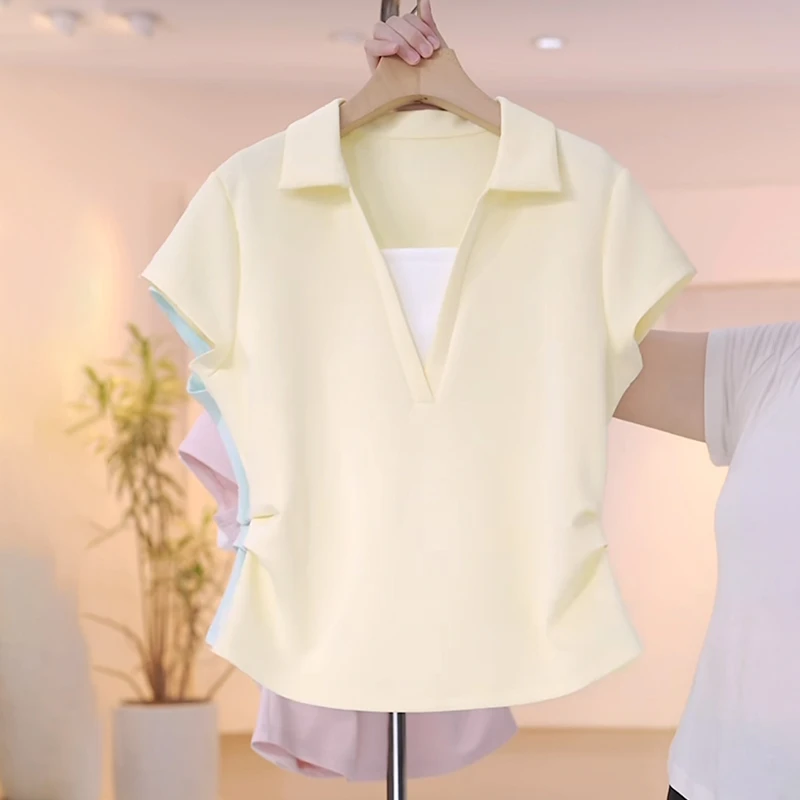 2025夏季新款女V领黄色T恤时尚显瘦洋气简约高级感短袖休闲上衣