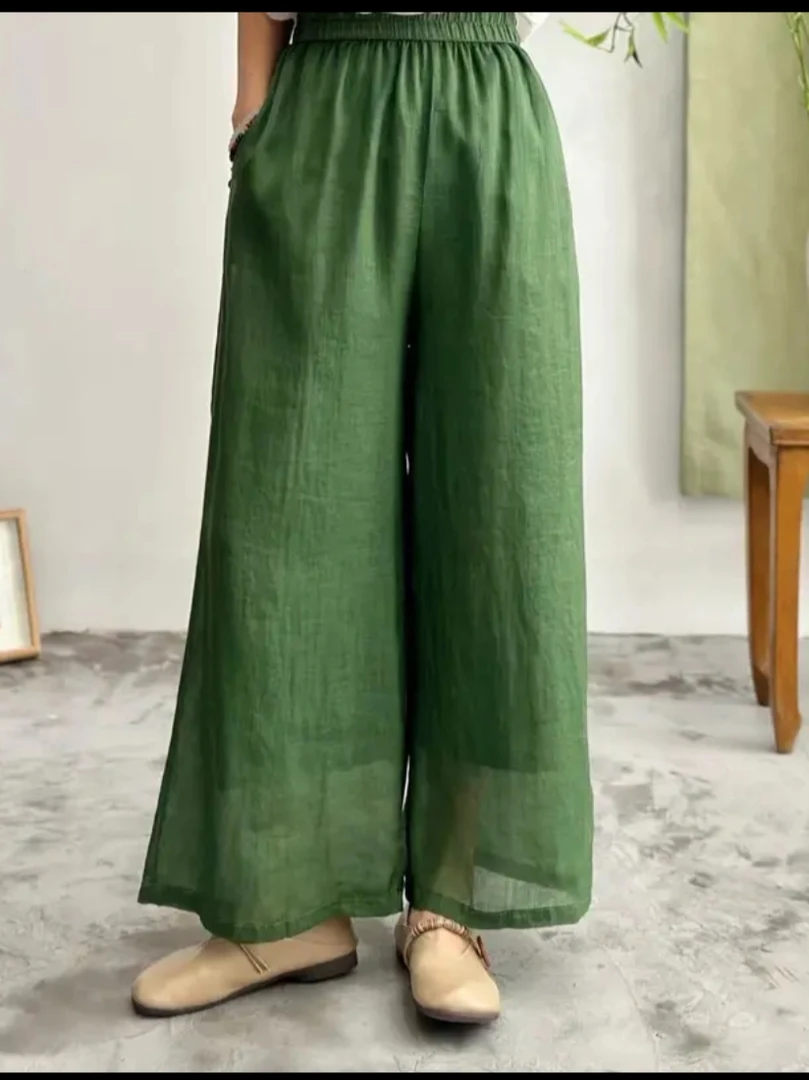 纯苎麻双层(2尺7以内）休闲纯色阔腿裤夏季必备显瘦百搭高腰松紧腰