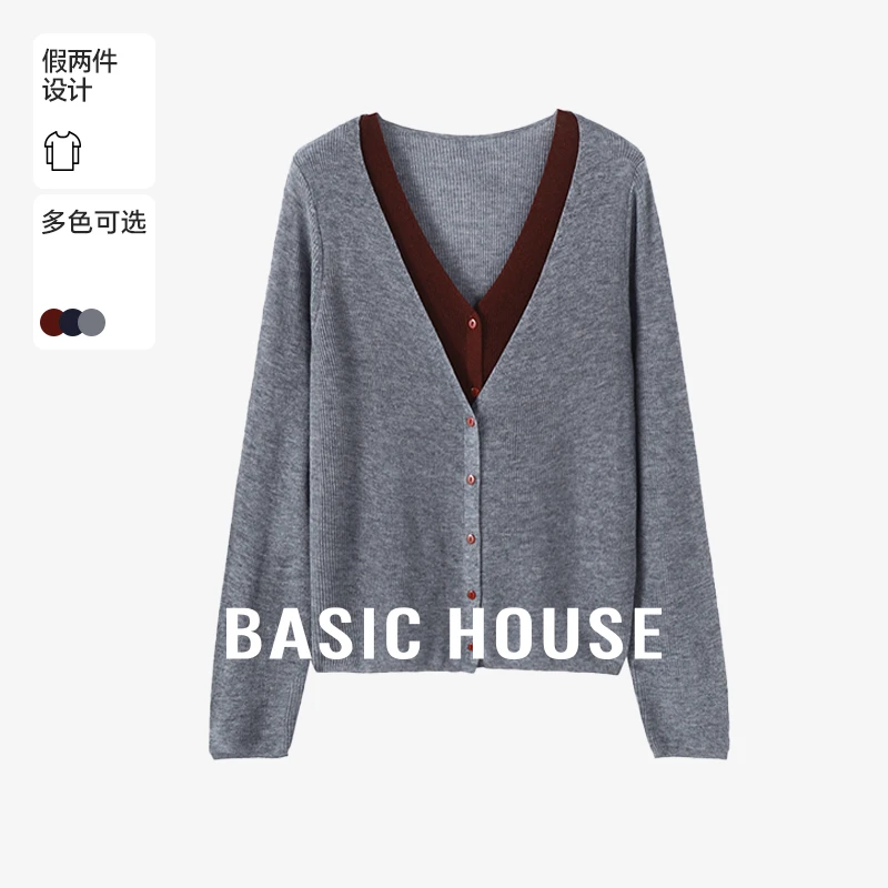 BasicHouse/百家好时尚假两件V领针织衫-B0624E5X632
