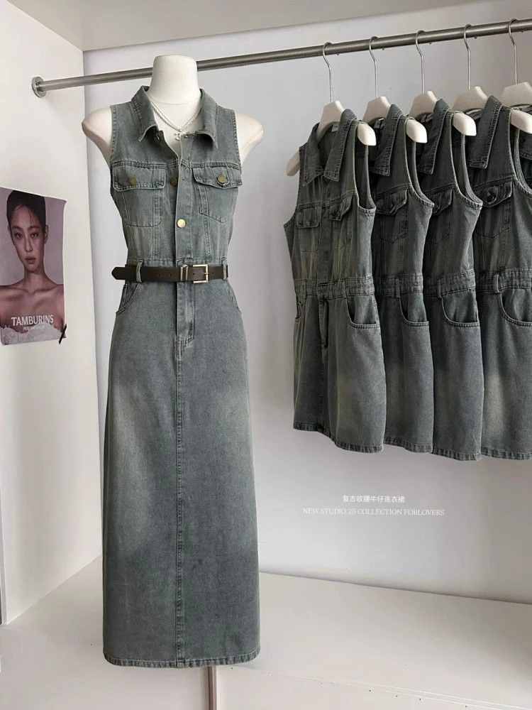 港风美式复古无袖牛仔连衣裙女2025新款设计感翻领收腰显瘦长裙