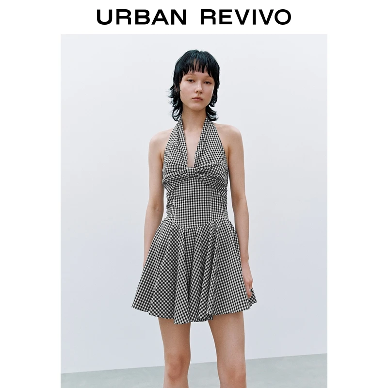 UR2025秋季新款女装设计感挂脖格纹打揽无袖连衣裙UYU750104