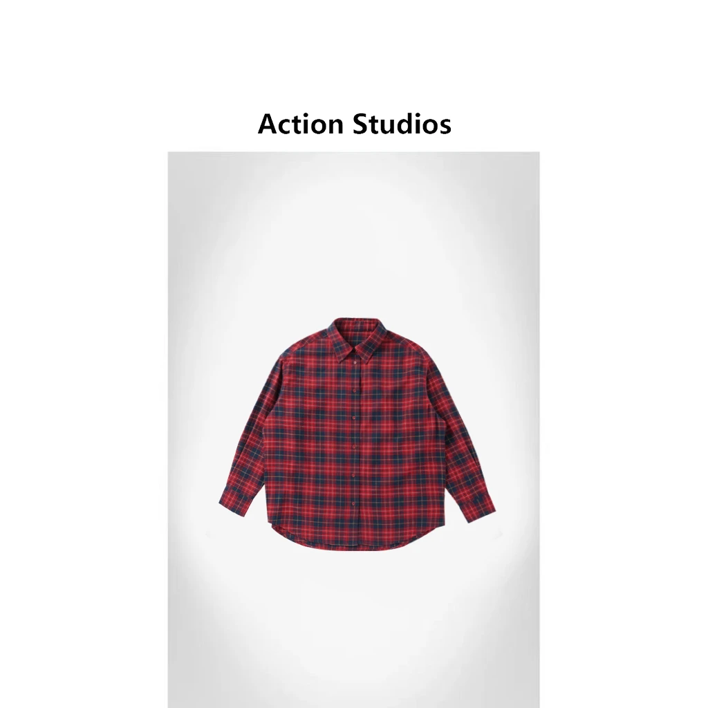 Action Studios 大大【红格子】红色宽松薄款复古格子衬衫SS7853