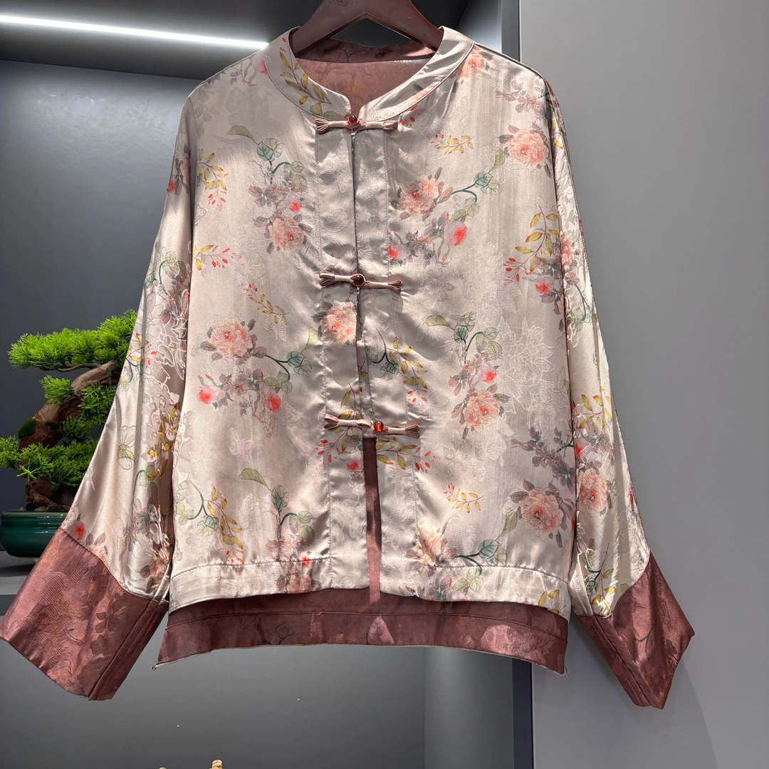 中式开衫复古牡丹花色盘扣秋季女装宽松上衣3759