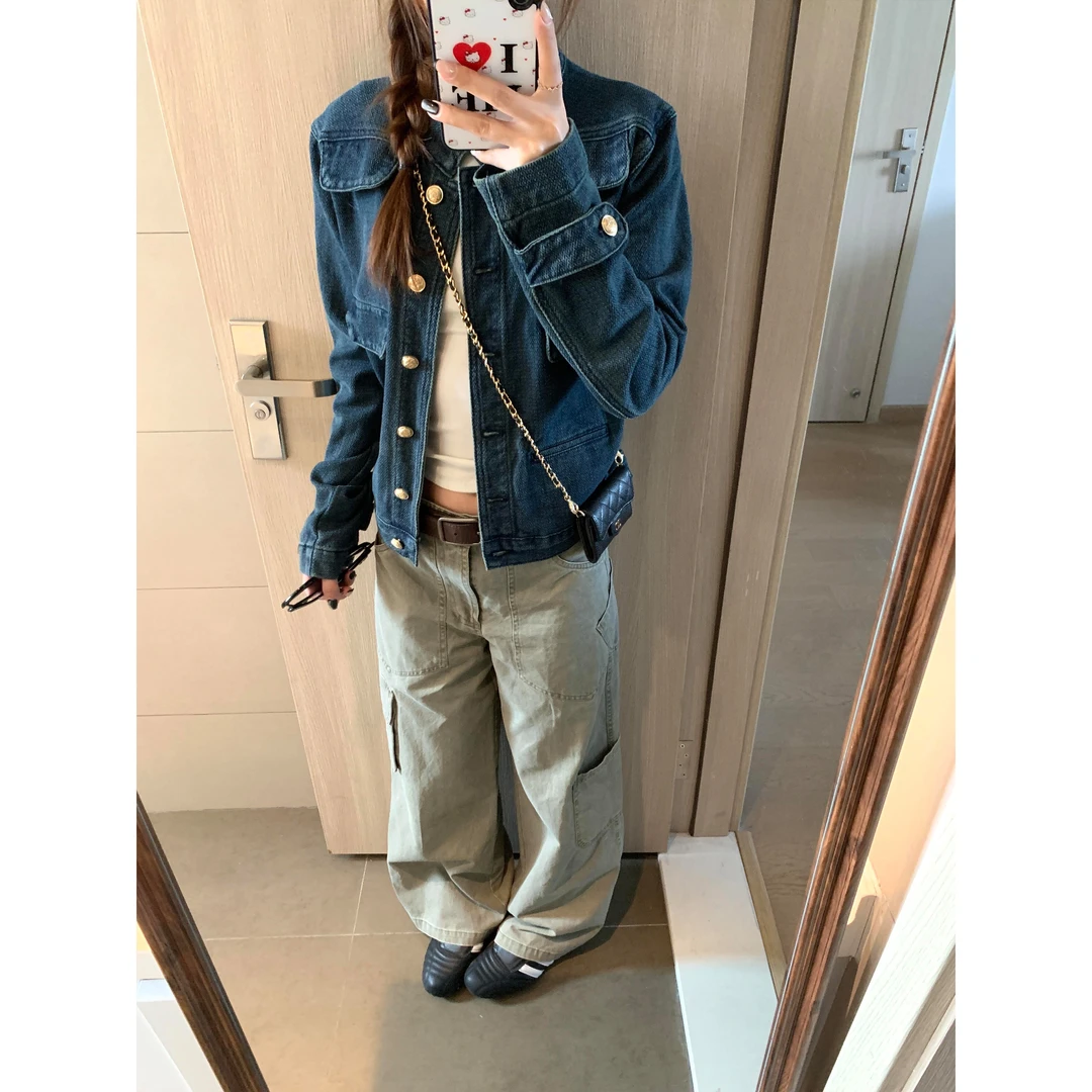 老钱风中古立领正肩金扣口袋丹宁牛仔外套秋季新款复古夹克上衣女