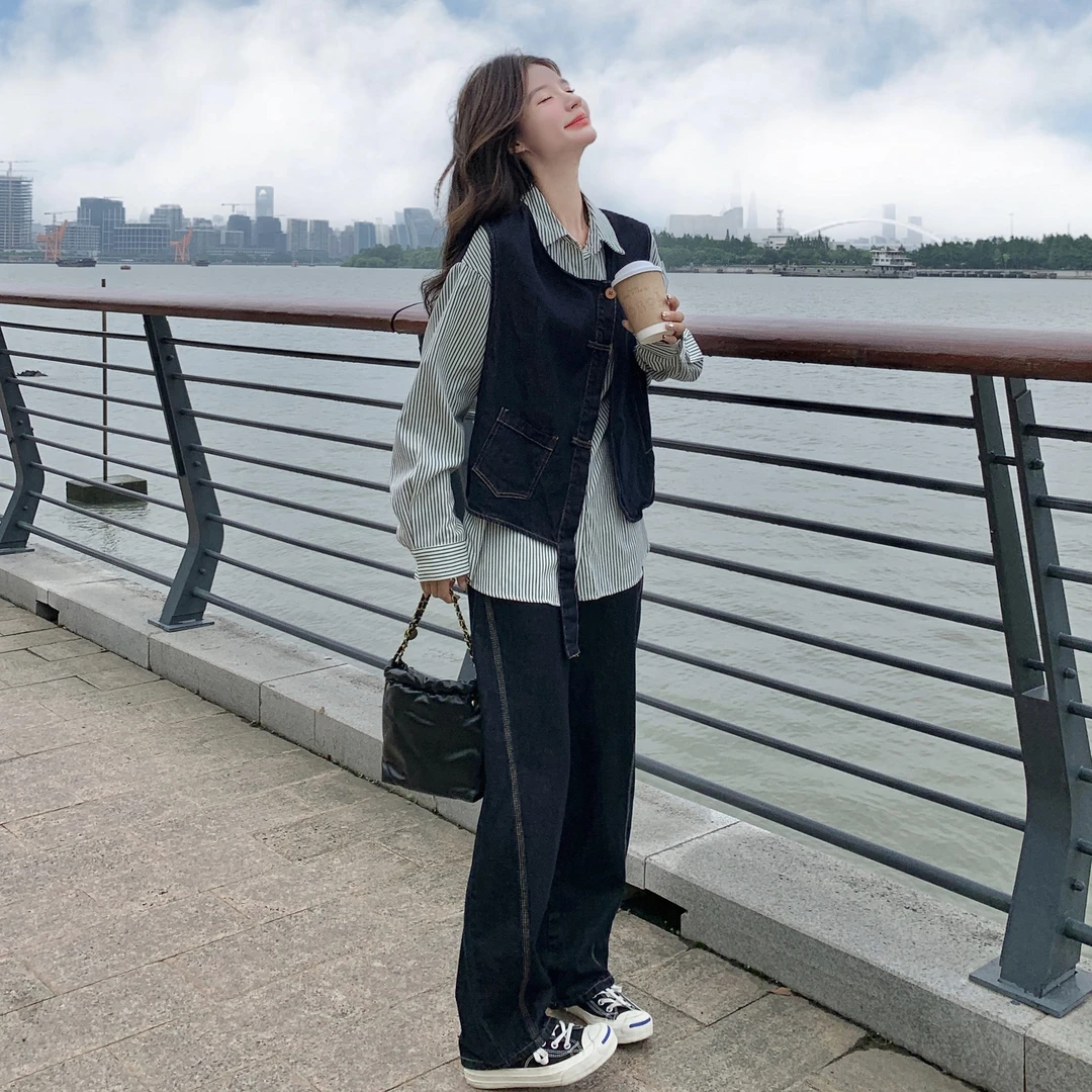 设计感条纹拼接假两件上衣牛仔套装女2025年秋季休闲阔腿裤两件套