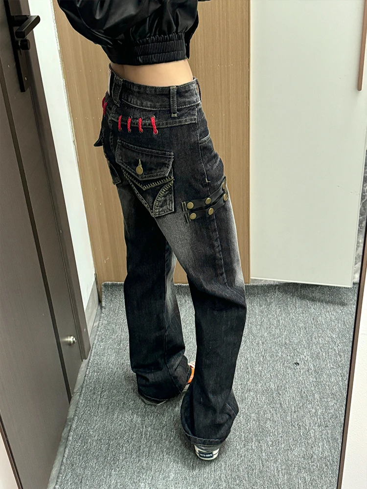 美式辣妹个性设计感穿带牛仔裤子女复古亚文化做旧宽松直筒拖地裤