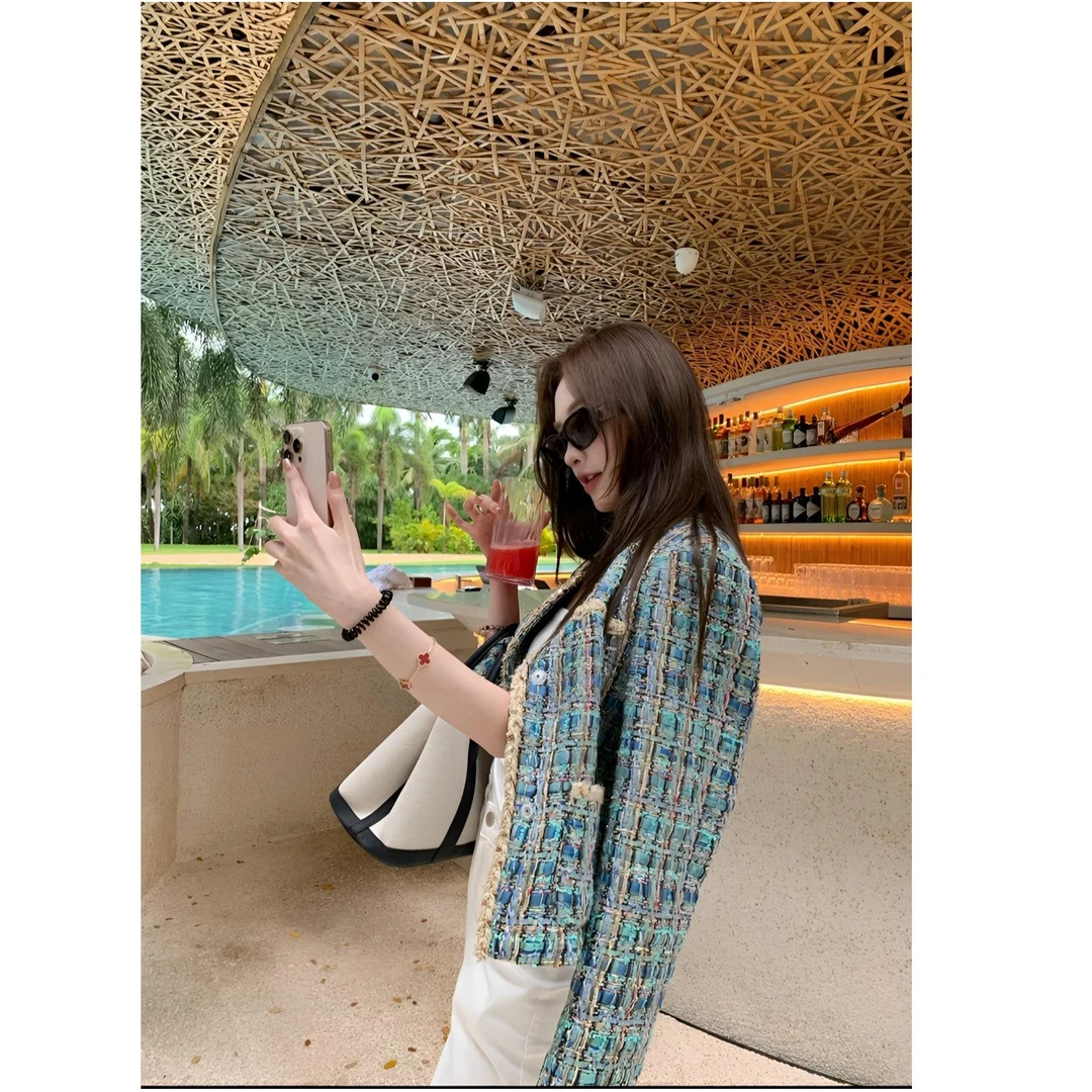 崔星星圣尔西蓝千金手工坊秀款高奢高级感编织孔雀绿小香外套