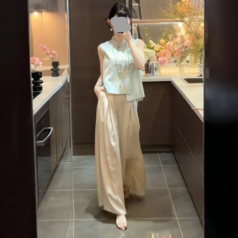 新款中式国风立领盘扣无袖马甲坎肩女夏复古文雅套装两件套阔腿裤