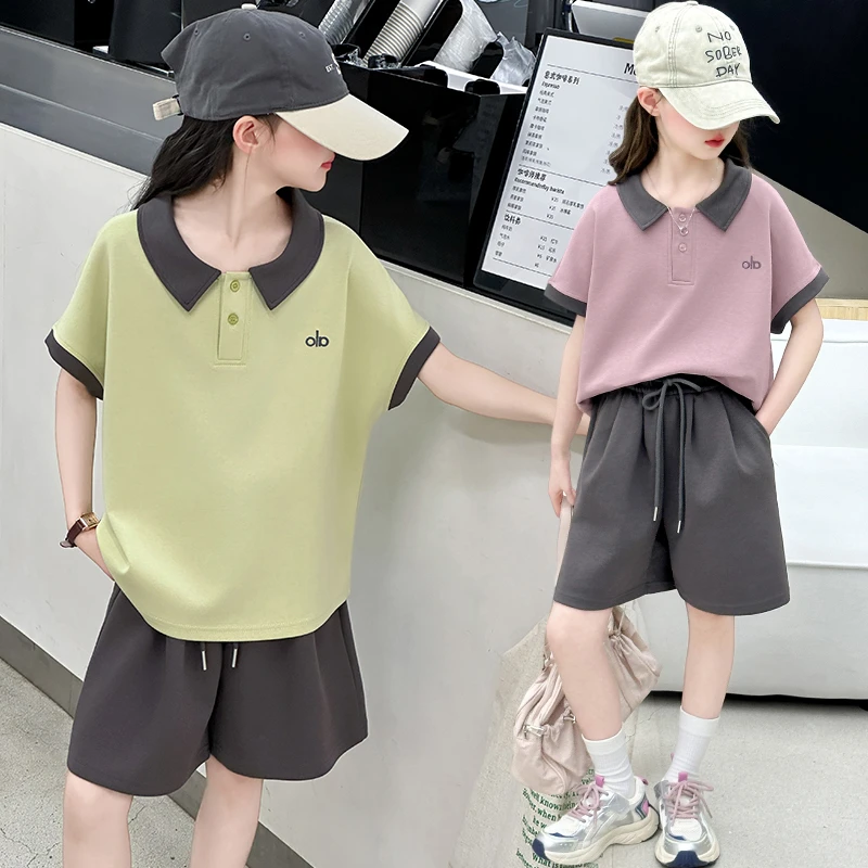 女童夏季洋气polo领短袖短裤套装2025新款中大童休闲运动夏装衣服