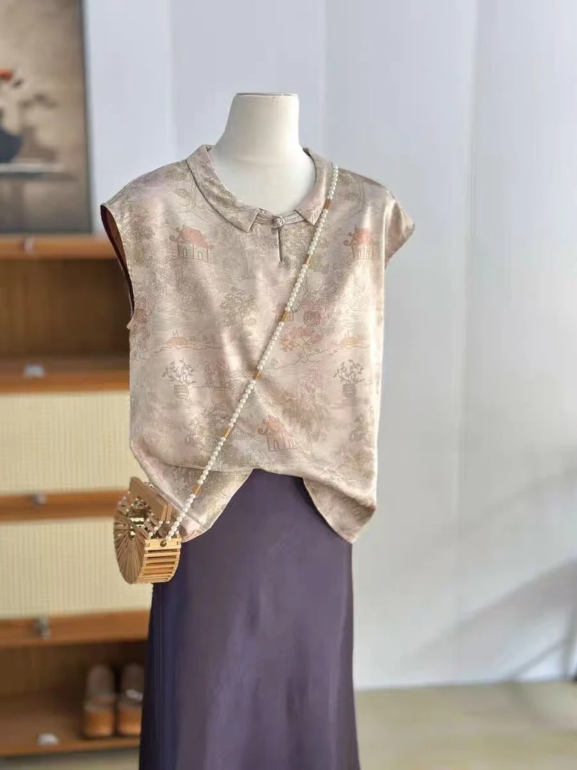 【342】直襟重工无袖女士提花上衣休闲宽松圆领女装背心