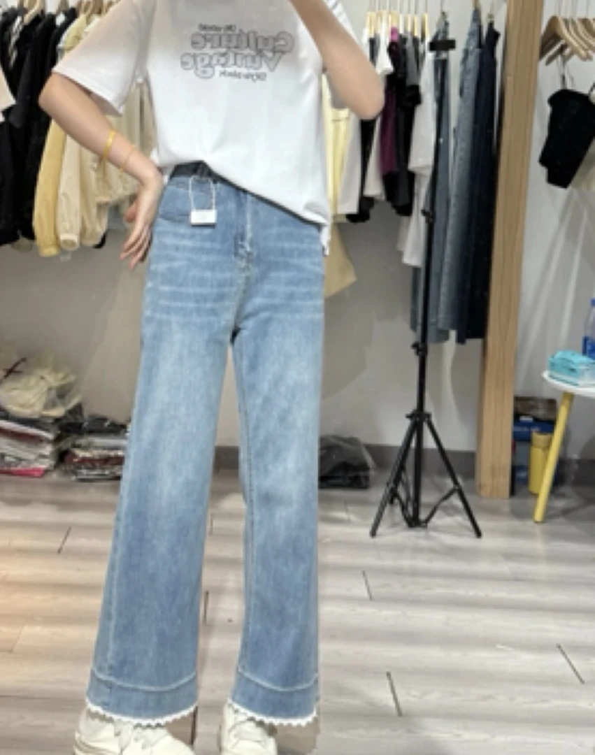 裤脚蕾丝高腰窄版牛仔裤女春夏上新遮肉显瘦百搭阔腿裤