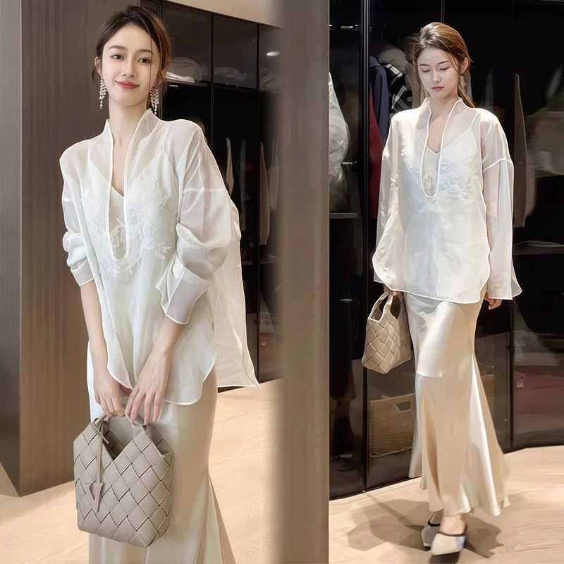 大码胖mm女装2025夏季新款新中式国风精致防晒衬衫吊帶连衣裙套装