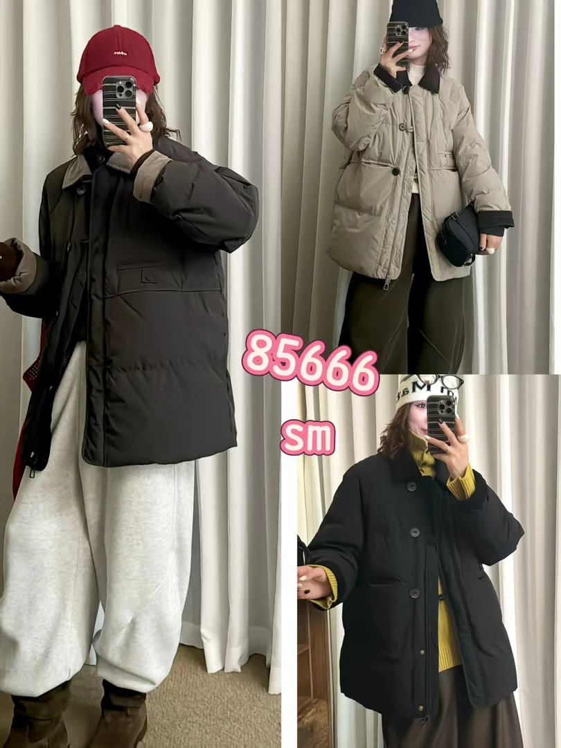 撞色翻领中长款90白鸭绒羽绒服宽松时尚