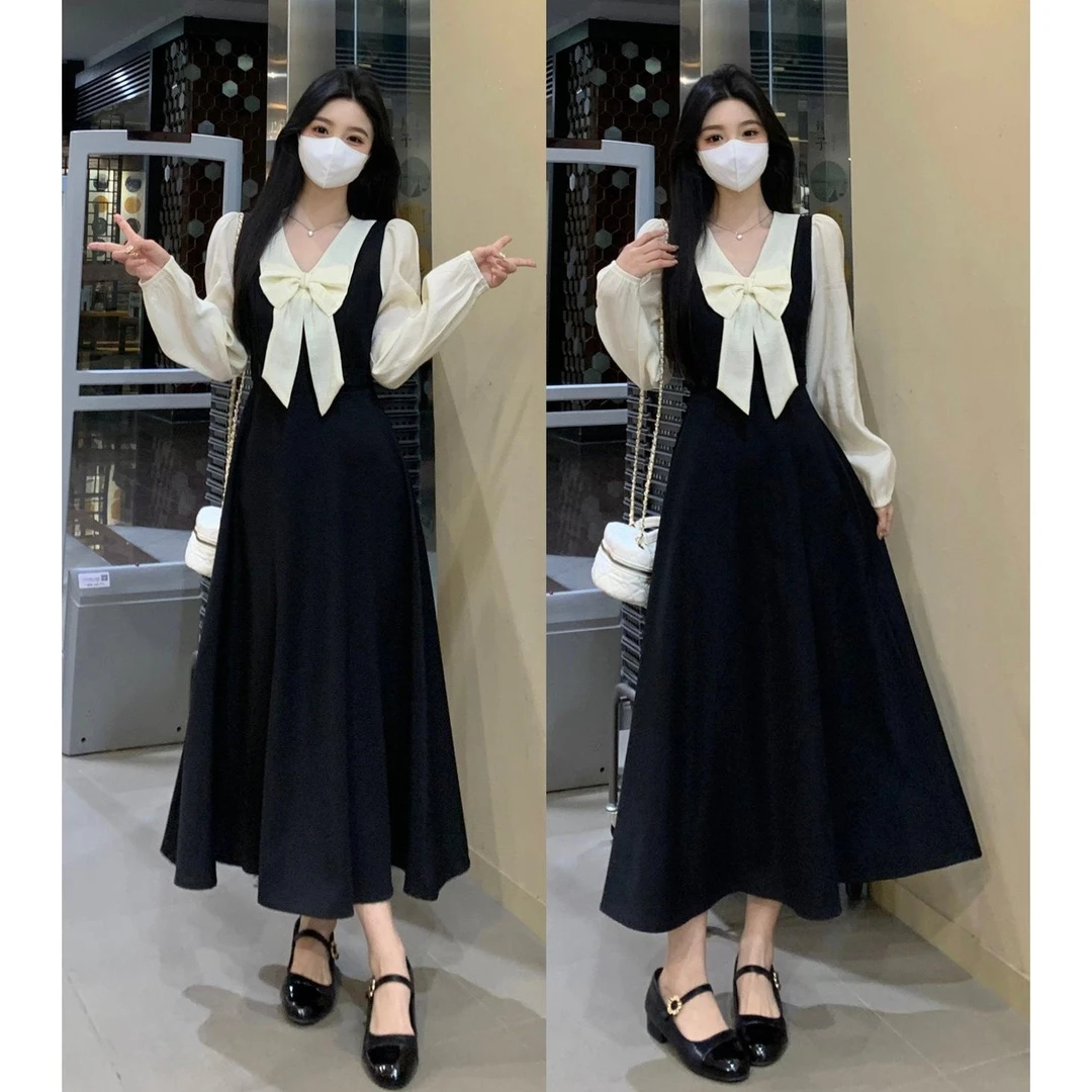 2025新款早春大码胖mm简约气质蝴蝶结拼接高腰显瘦长袖连衣裙