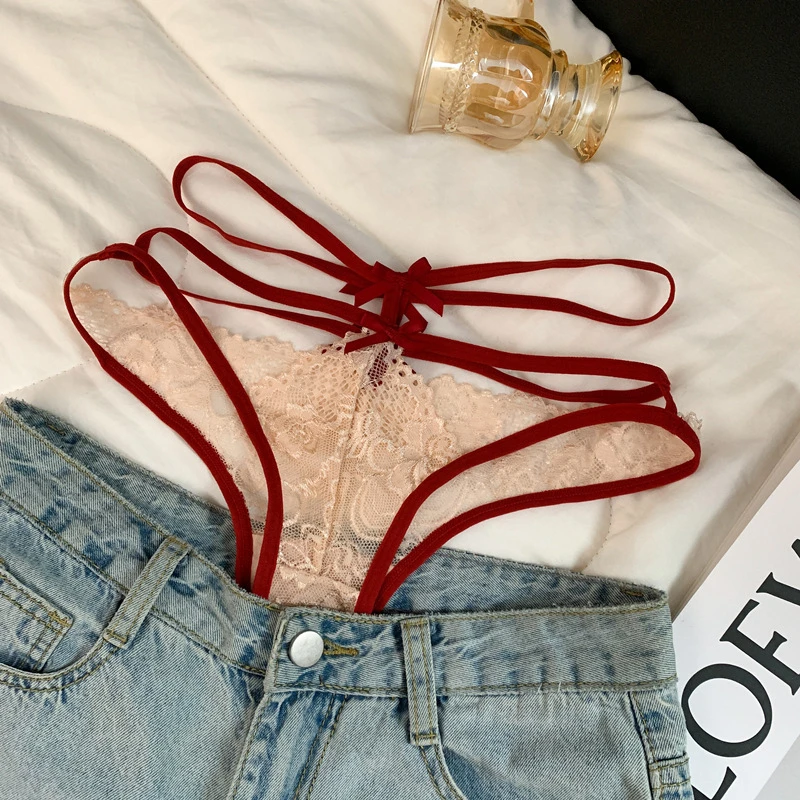 法式绑带内裤女性感新款2025爆款蕾丝黑色高开叉镂空透气三角裤