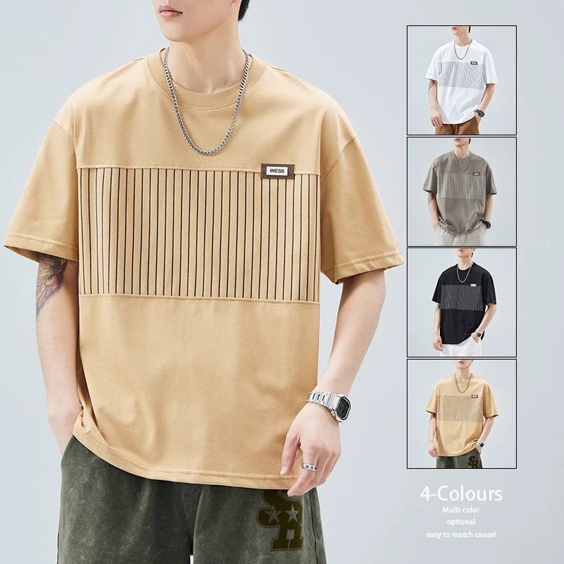 圆领短袖吸汗T恤男插条纹拼撞色条纹新款百搭宽松短袖男款半袖潮