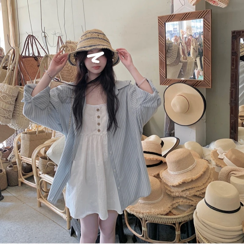 韩系套装白色吊带连衣裙女夏季长袖宽松条纹衬衫外套慵懒风