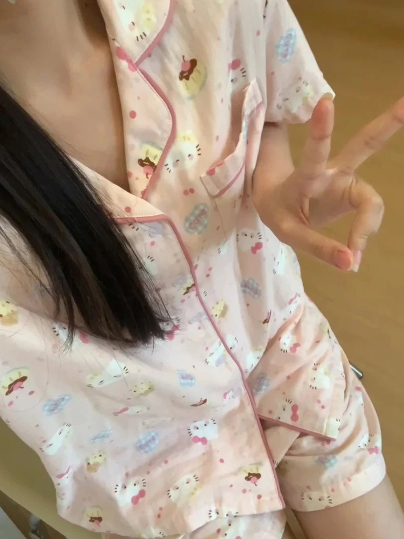 夏季新款可爱卡通猫波点睡衣女短袖短裤粉色家居服欧若风套装ins