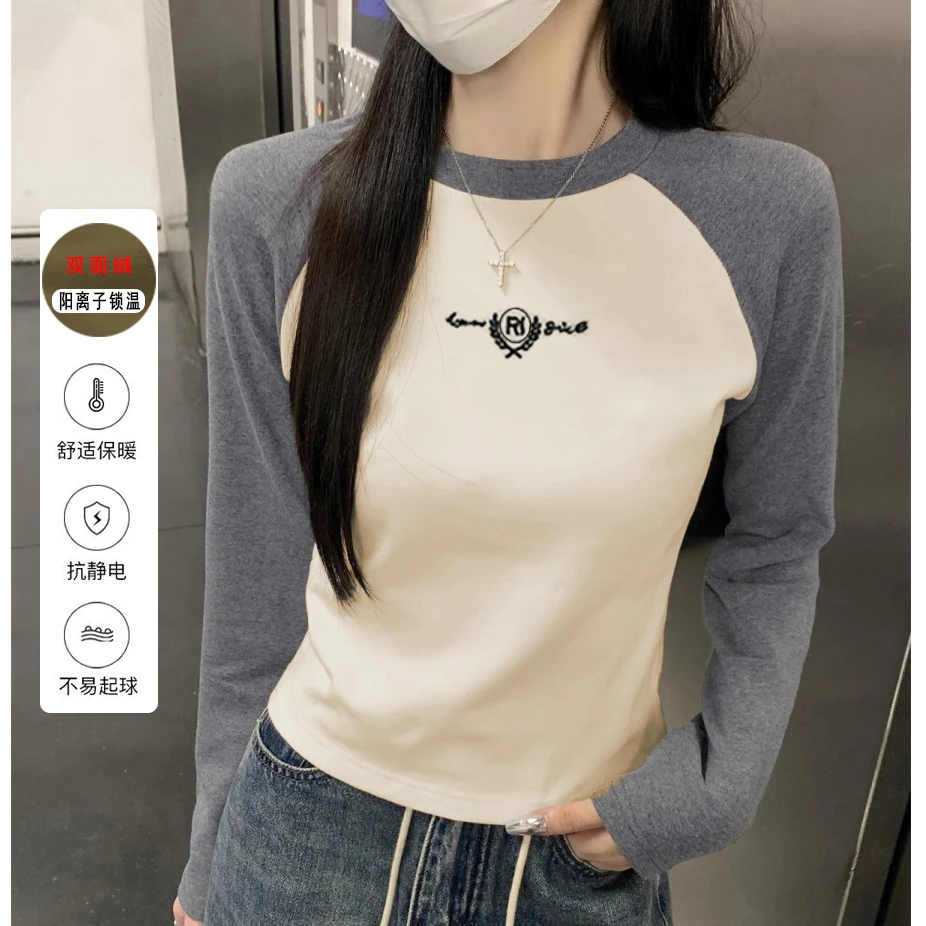 2025秋冬款内搭打底衫加绒保暖圆领T恤女长袖卫衣修身双面绒上衣