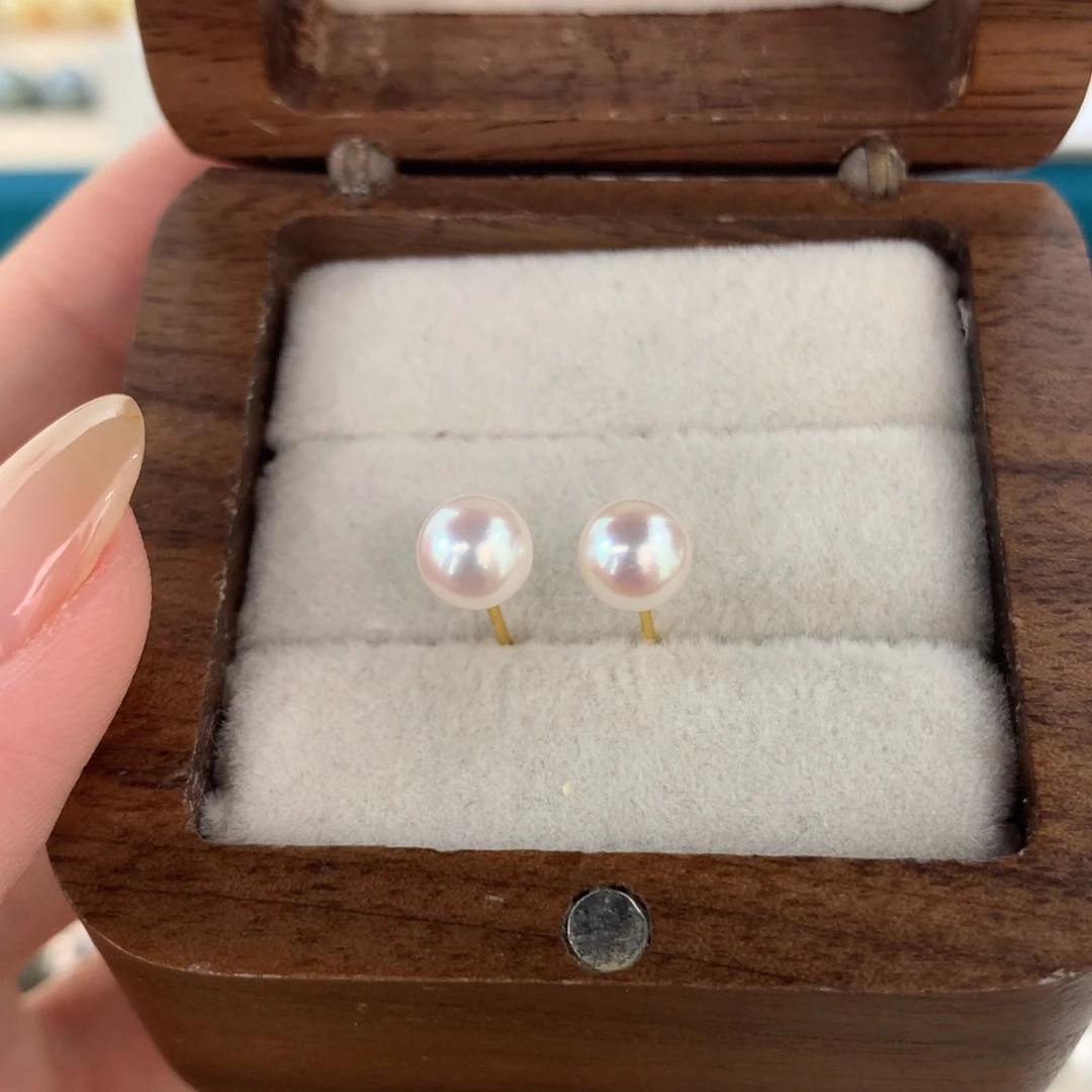 定制海水珍珠银S925镶嵌耳饰极光akoya粉光5.5-6.5mm