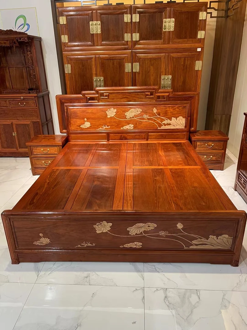 雕刻莲子荷花双人床三件套