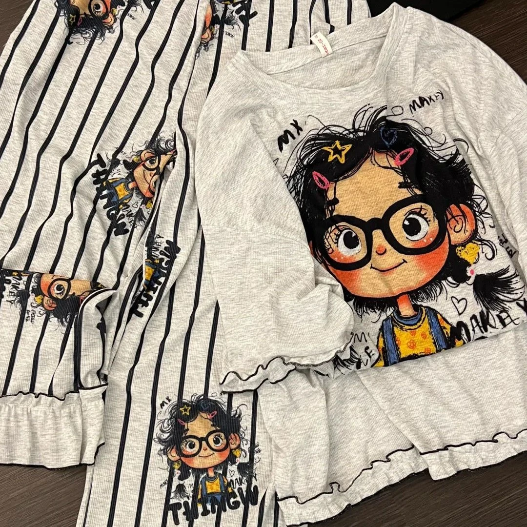 睡衣女士夏季短袖长裤卡通可爱宽松大码家居服甜美休闲套装可外穿