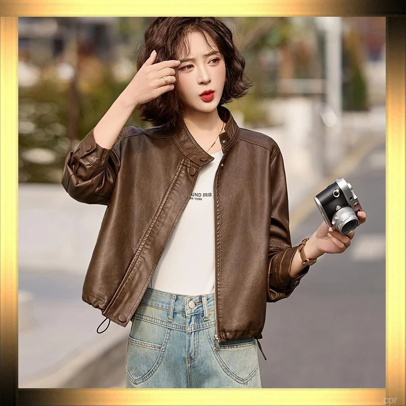 时尚港风PU皮衣外套女立领春秋新款蝙蝠袖短款小个子宽松休闲夹克