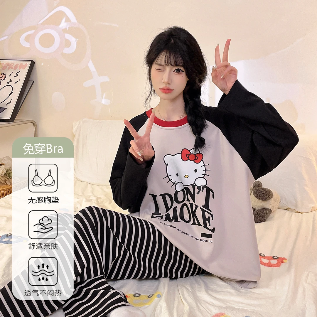 睡衣女款爆款2025新款秋季带胸垫卡通女士可外穿长袖家居服套装冬