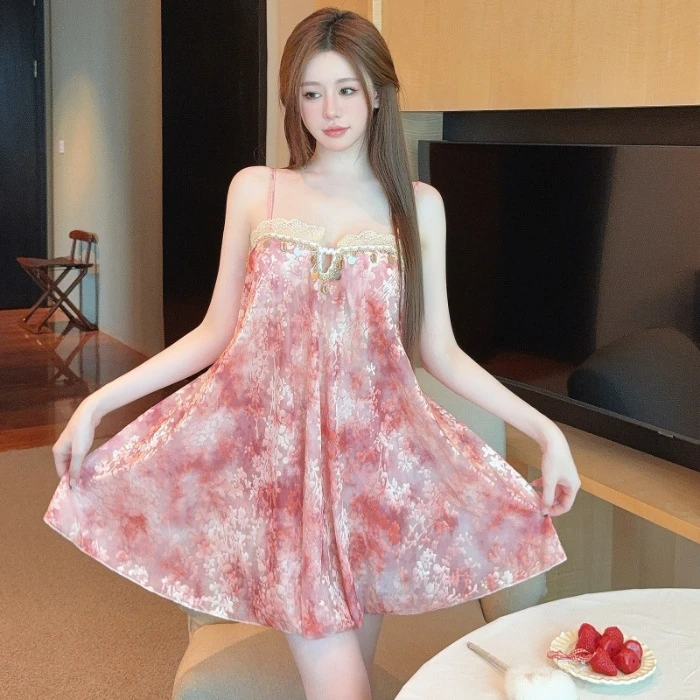 貔貅·80-180斤大码新款时尚烧花吊带夏季高级睡裙套装纯欲性感