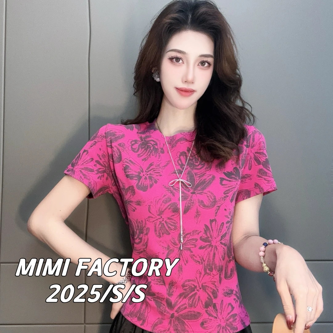 2025夏季新款 欧货满印花朵短袖T恤女修身显瘦时尚百搭5216#