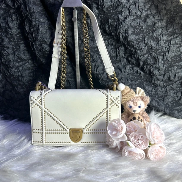95新 DIOR/迪奥 迪奥白色铆钉盾牌链条包