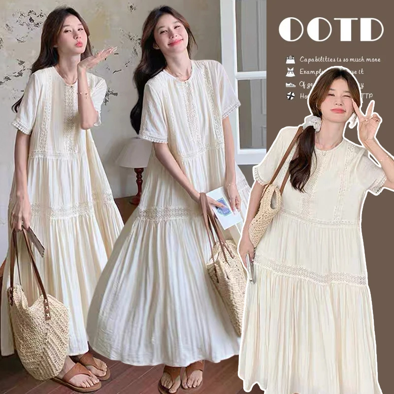 孕妇装慵懒松弛感连衣裙女夏季宽松甜美温柔蕾丝拼接长裙