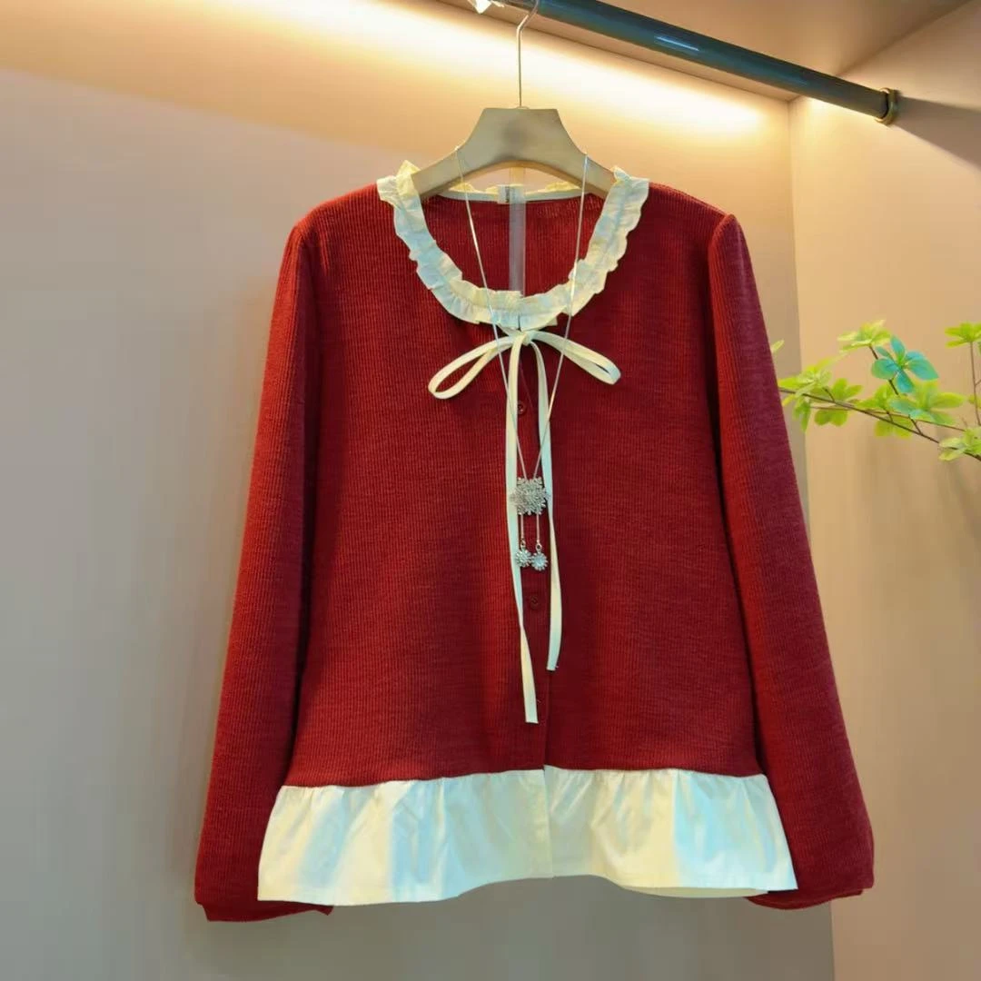 新款减龄时尚百搭显瘦针织花边蝴蝶结拼接气质上衣(衣长63左右)