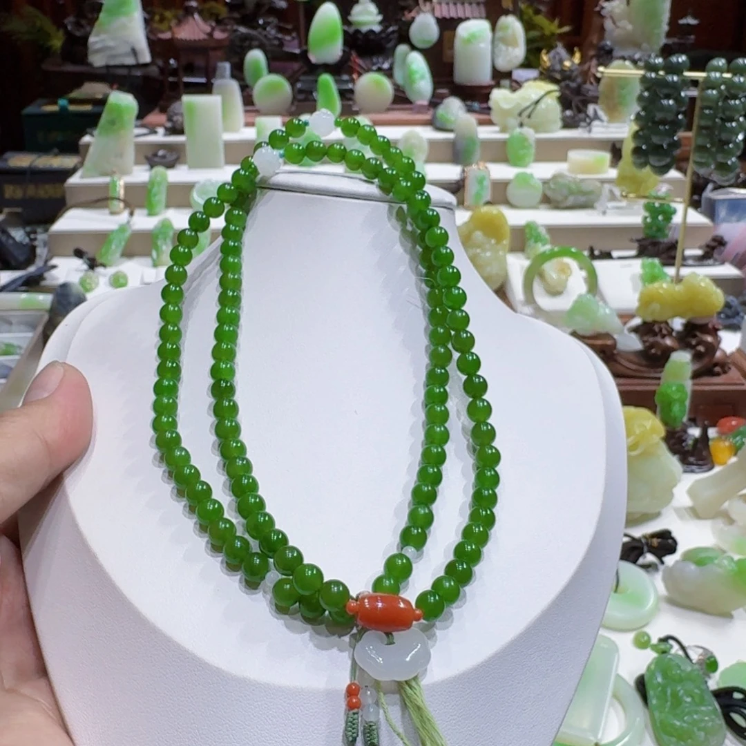 和田玉（碧玉）未镶嵌挂件和田玉碧玉卡6米108项链