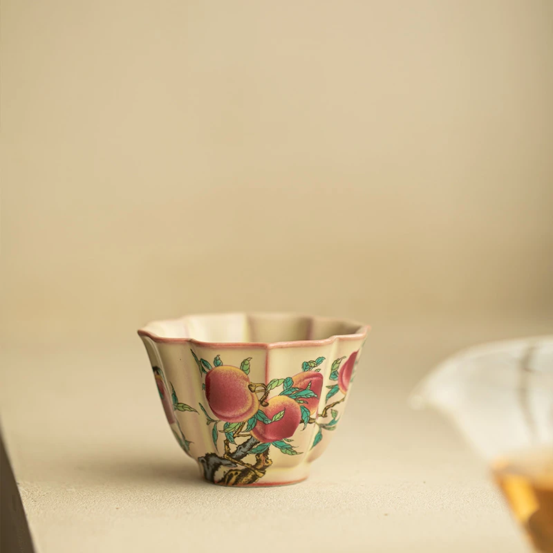 仿宋汝窑猪油冻九桃葵口四瓣花主人杯家用功夫茶杯 A12449