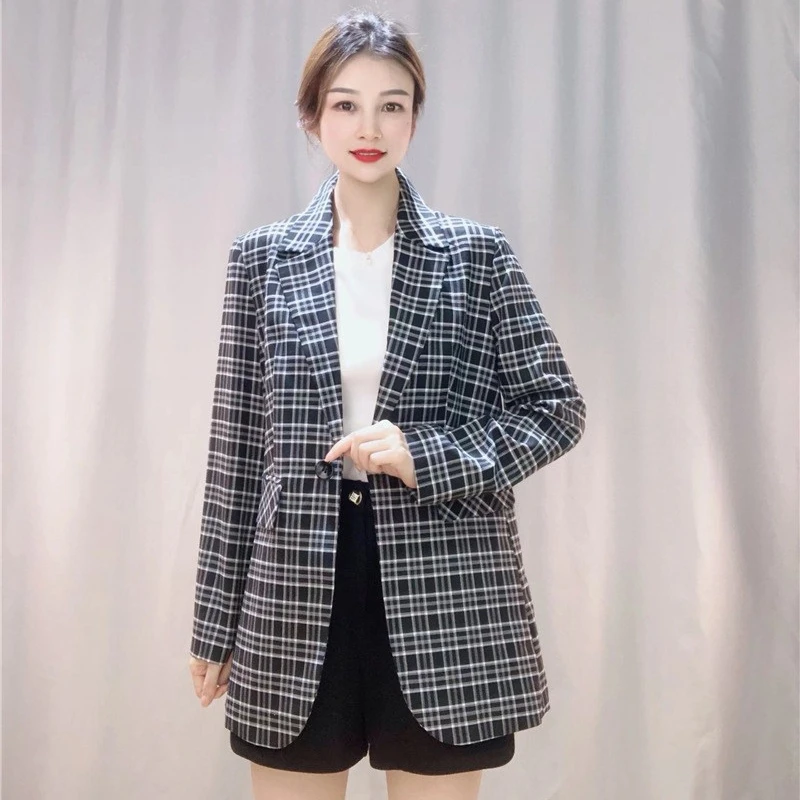 格子西服春秋百搭韩版时尚气质通勤翻领修身显瘦格子外套秋季休闲