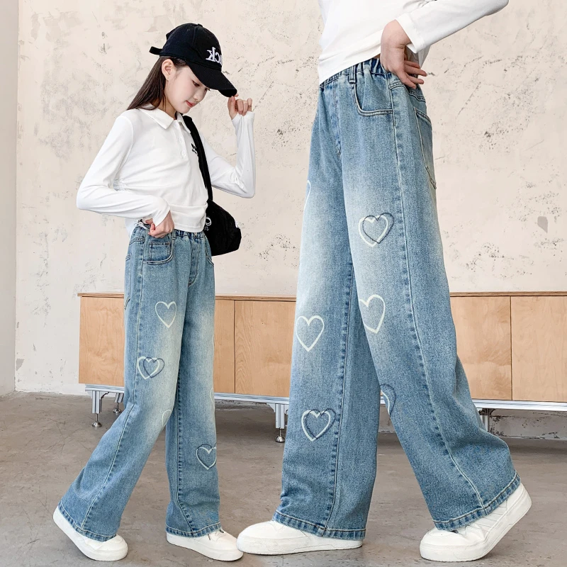 女童牛仔长裤春秋2025新款洋气女大童阔腿裤子春装儿童休闲裤女孩