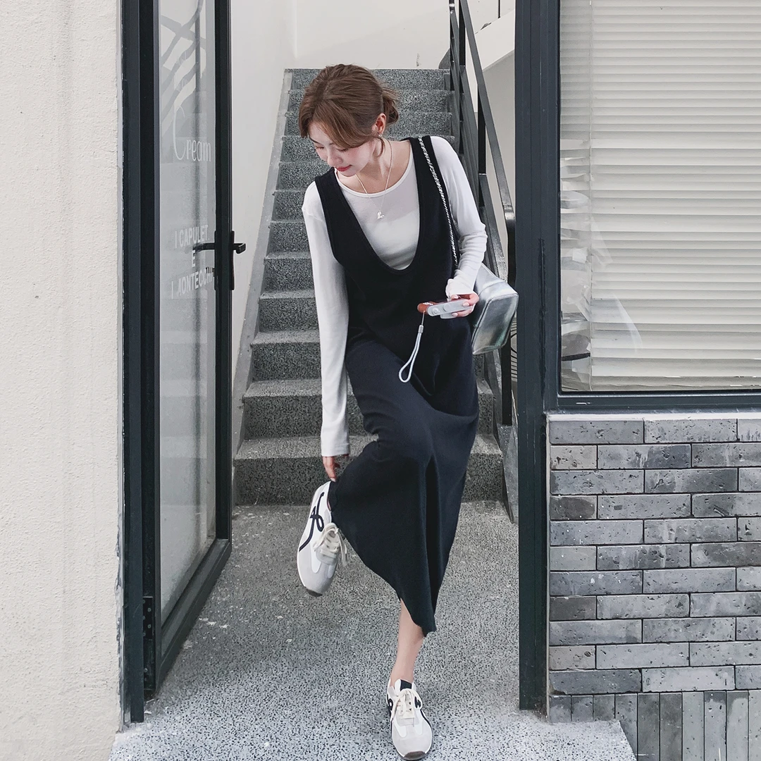 慵懒松弛感长袖T恤背心连衣裙套装女2025春秋韩系ootd穿搭两件套