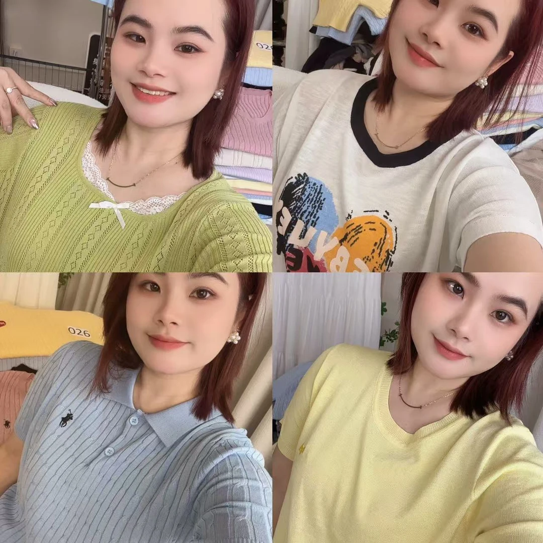 （01~999）大码工厂青仓集合链接#胖mm新款设计感T恤女针织短袖上衣