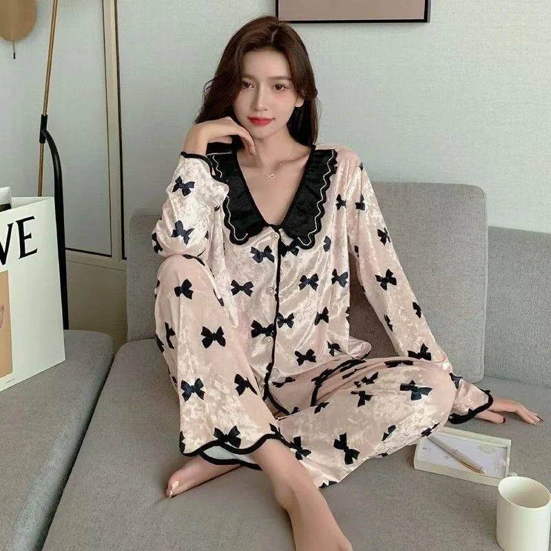 ins风翻领对襟波浪边甜美蝴蝶结长袖长裤秋冬丝绒睡衣家居服套装L
