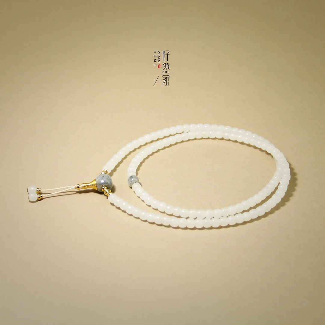 天然和田玉俄料白玉老型珠长链佛珠卡6mm多圈长项链百搭