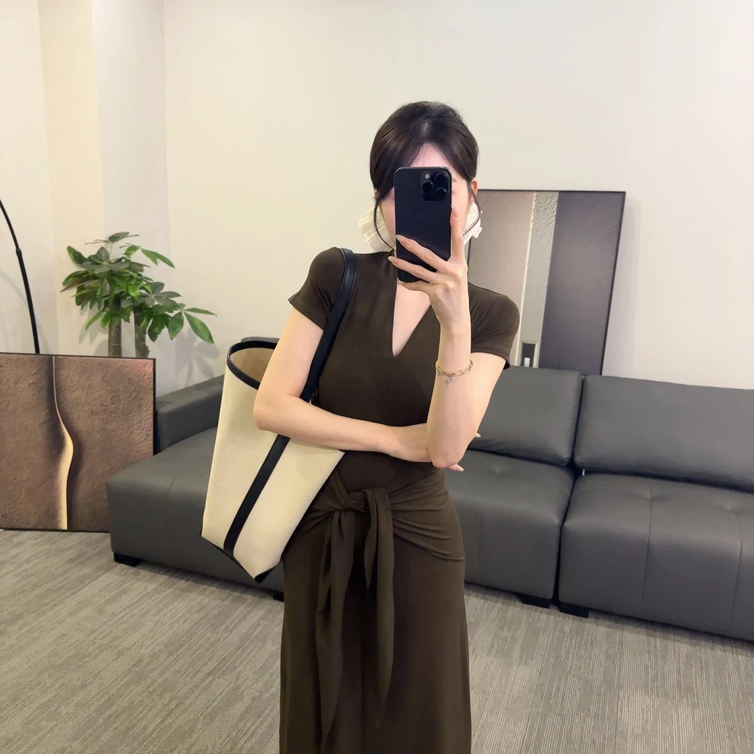 【OS&oneshow】夏季时尚显瘦修身气质套装收腰长裙短袖V领两件套