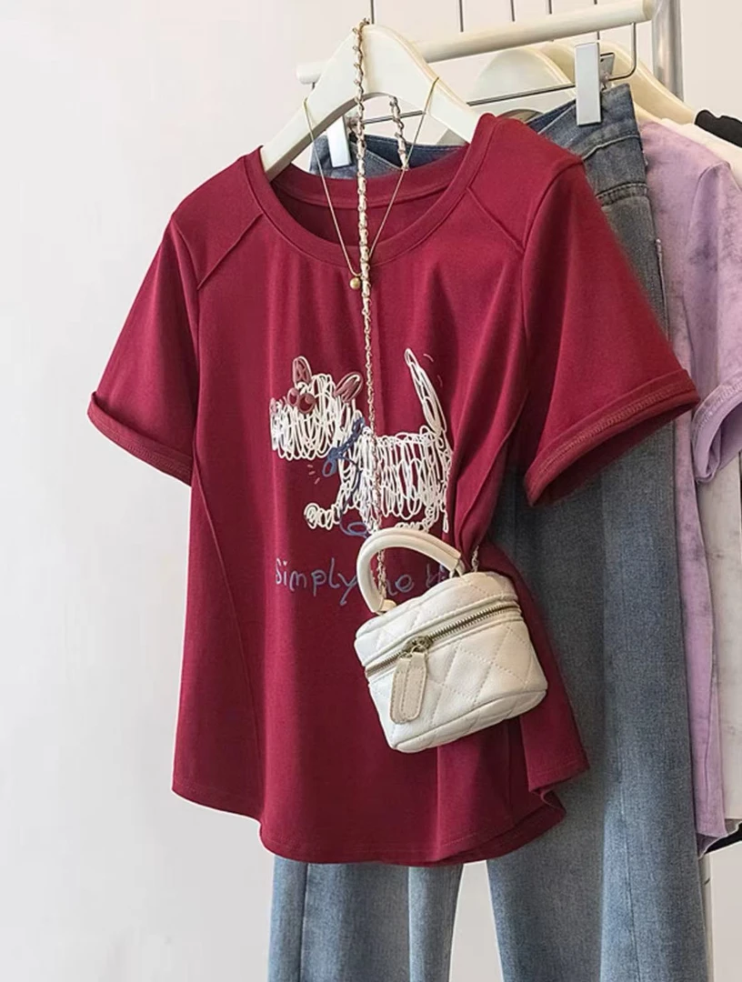 大码女装2025夏季新款显瘦宽松胖mm动物小狗字母短袖T恤上衣#3910