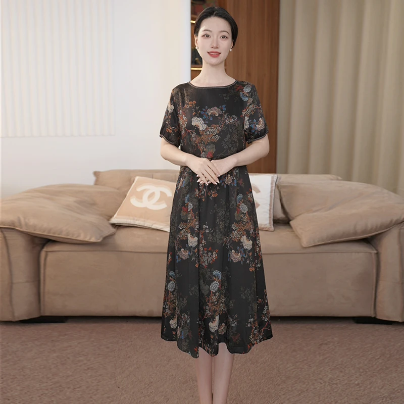 夏季2025大牌杭州真丝连衣裙女气质妈妈桑蚕丝裙子