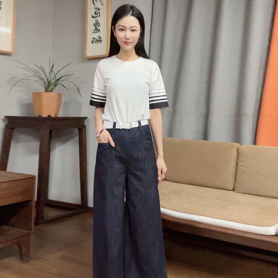 2025中式高腰直筒时尚休闲夏季百搭显瘦长裤女通勤牛仔裤WG032806